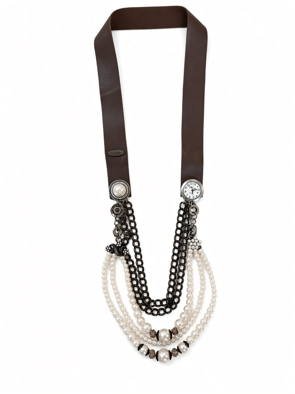 Plunder Brown Leather Pearl Multi Strand Clock Statement Necklace